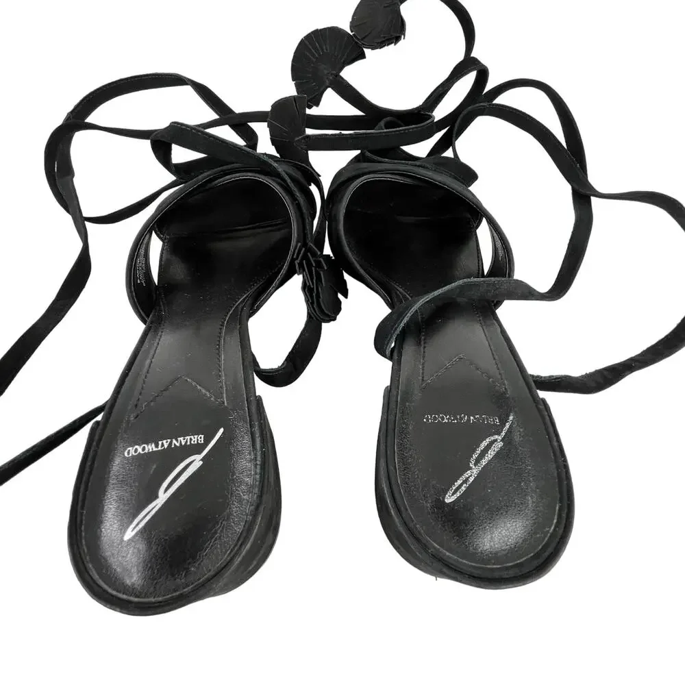 Brian Atwood B-Astor Black Nubuck Ankle Wrap Block Heel Sandals